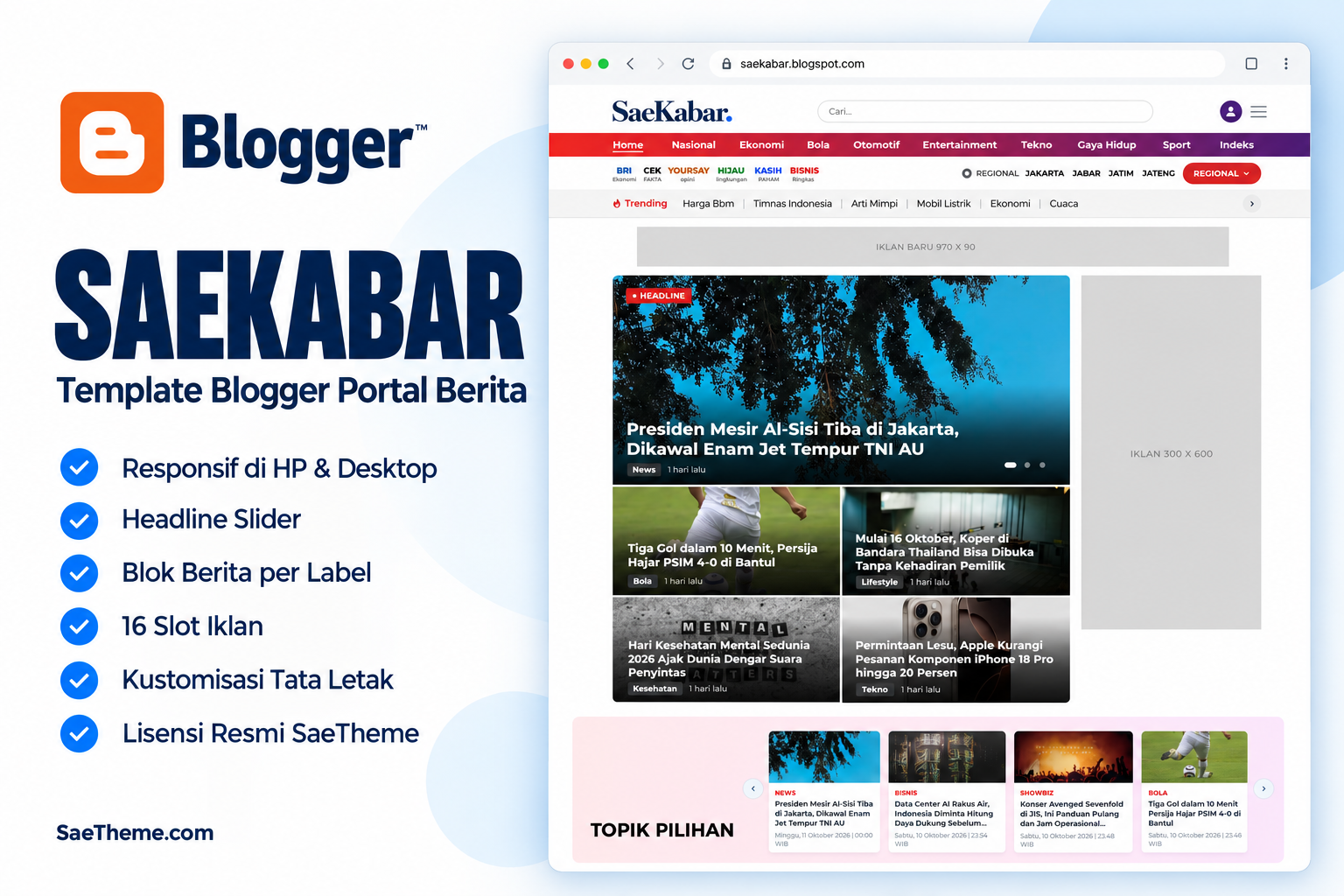 Pratinjau template portal berita SaeKabar untuk Blogger